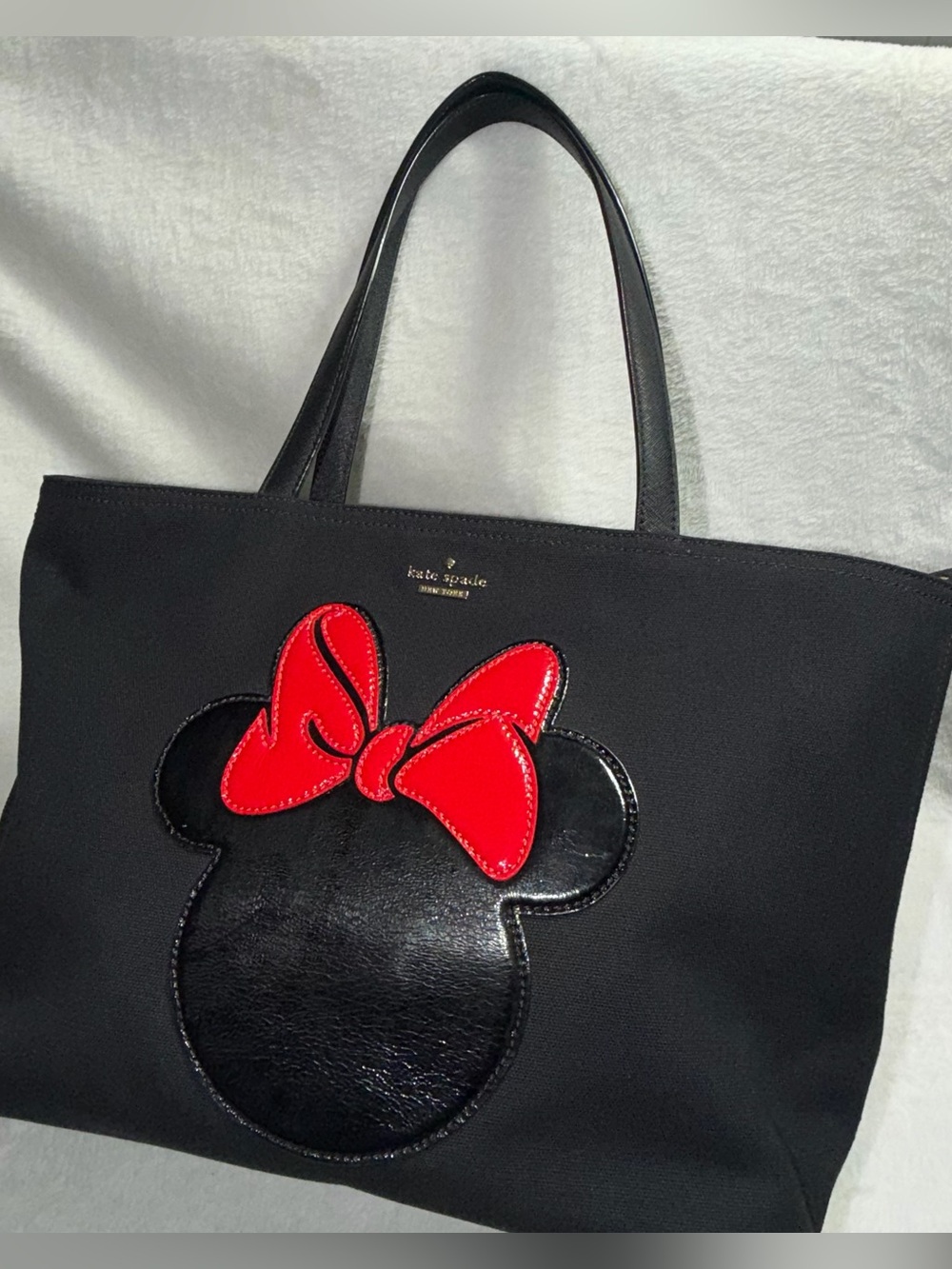 Kate Spade x Disney Minnie Mouse Black Canvas Patent Bow Tote Bag